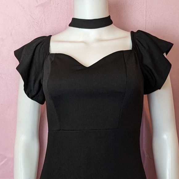 Black Ruffle Hem Short Sleeve Choker Sweetheart Neckline Classic Midi Dress M - Picture 2 of 8